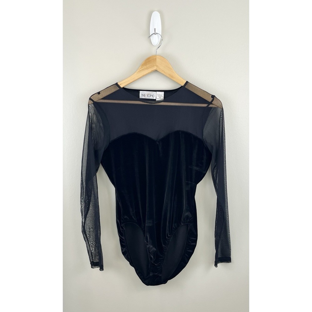The Icing Vtg 80's Black Velvet Sheer Mesh Bodysuit‎ Long Sleeve Lg Whimsey Goth